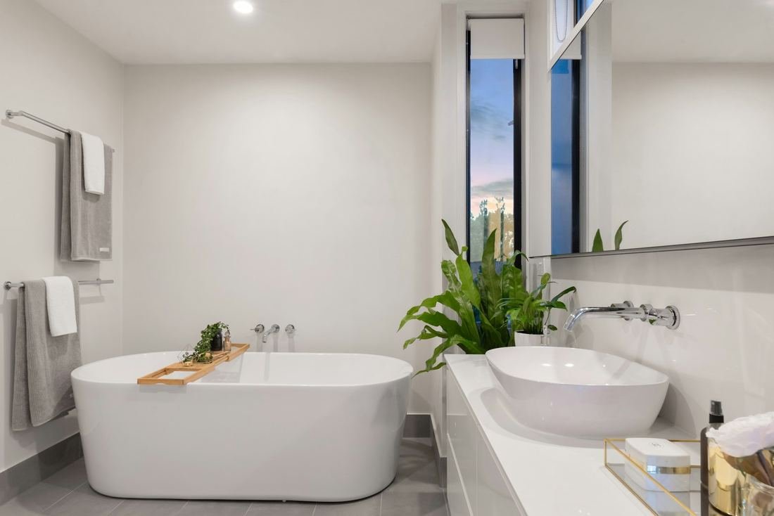Spa-style bathroom with freestanding tub