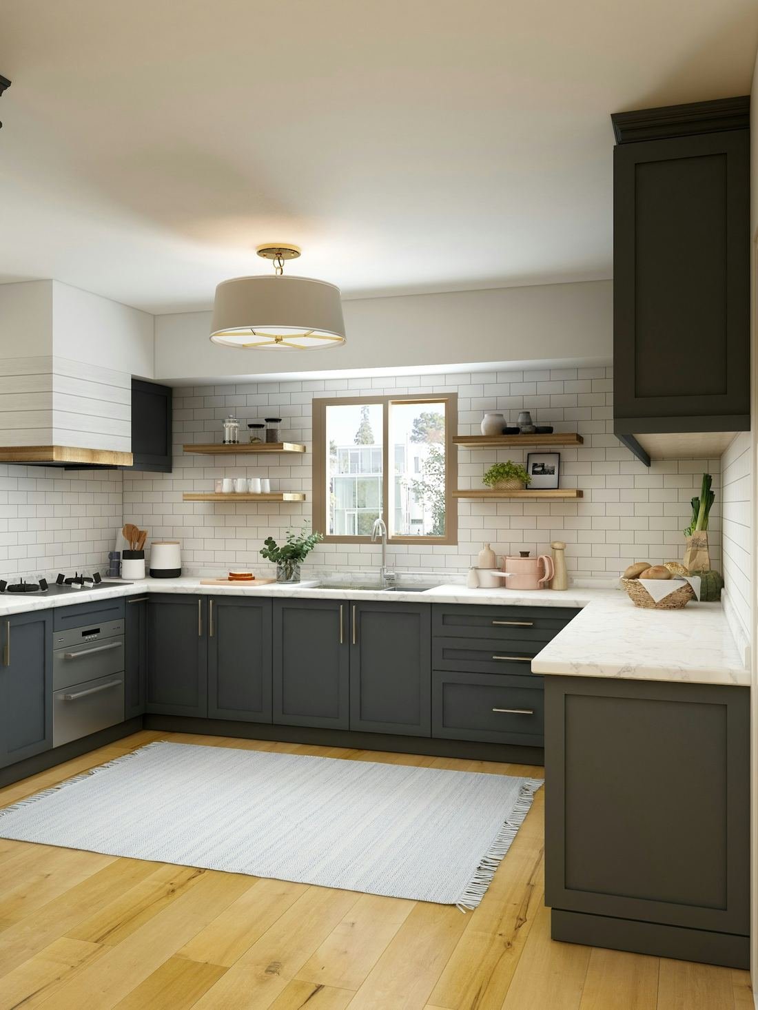 Kitchen with dark lower cabinets and white tile